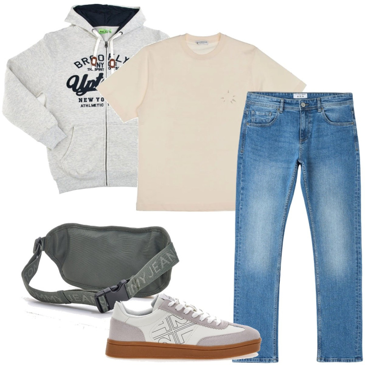 Outfit uomo - Visita di una città. Stile Urban per Tutti i giorni. Abbinamento con jeans dritti, sneakers, t-shirt, borse sportive, felpe con cappuccio.