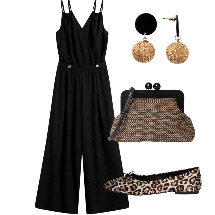 Outfit donna - Casual in nero. Stile Casual chic per Tutti i giorni. Abbinamento con orecchini, tute, ballerine, clutch.