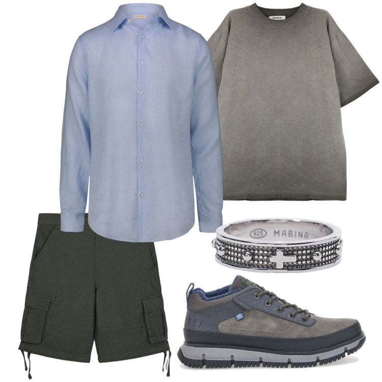 Outfit uomo - Effetto fumé. Stile Trendy per Tutti i giorni. Abbinamento con bermuda, anelli, t-shirt, sneakers, camicie.