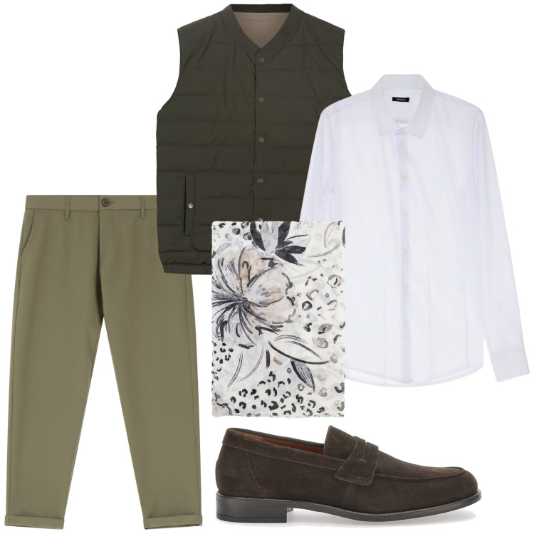 Outfit uomo - Stile metropolitano. Stile Trendy per Ufficio. Abbinamento con pantaloni chino, camicie, sciarpe e foulard, scarpe stringate, gilet.