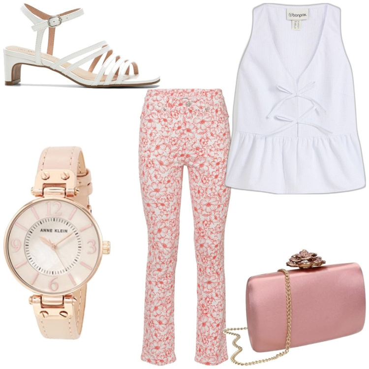 Outfit femme - Communion mai dans le nord. Style Casual chic pour Cérémonie. Assortir avec pantalon , sandales à talon, tuniques, pochette, montres.