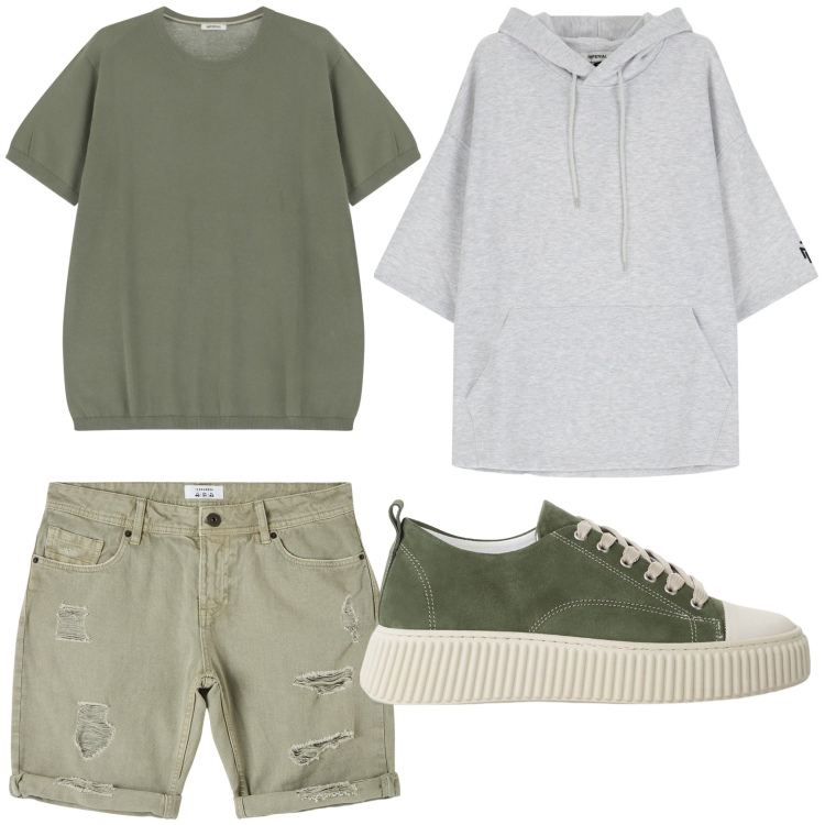 Outfit uomo - Verde-grigio casual. Stile Urban per Tutti i giorni. Abbinamento con bermuda, sneakers, t-shirt, felpe con cappuccio.