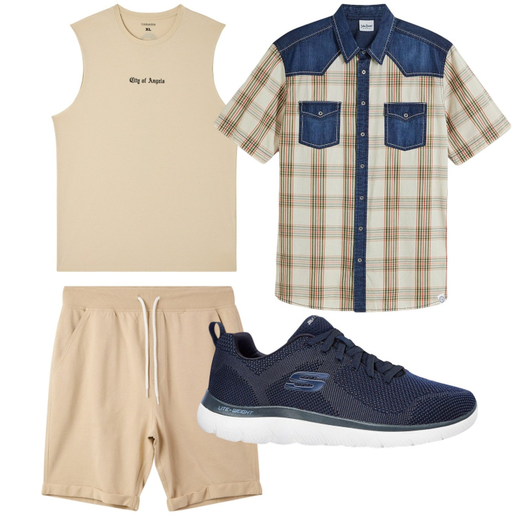 Outfit uomo - Quadri estivi. Stile Trendy per Tutti i giorni. Abbinamento con sneakers, camicie a manica corta, canottiere, pantaloni corti.
