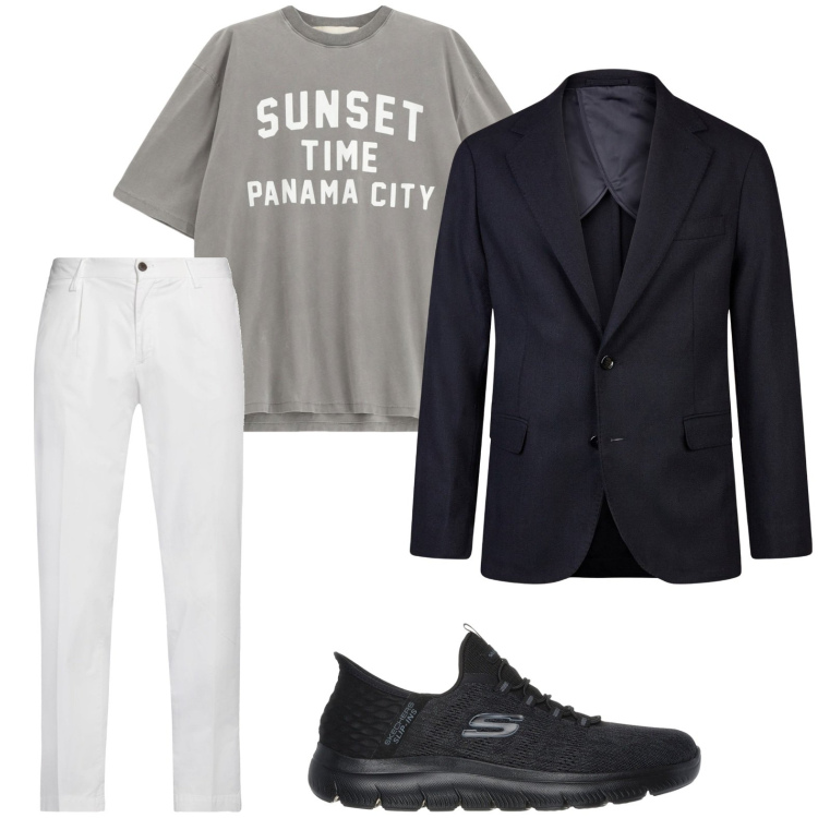 Outfit uomo - Party informale. Stile Casual per Serata speciale. Abbinamento con pantaloni chino, t-shirt, giacche, sneakers.