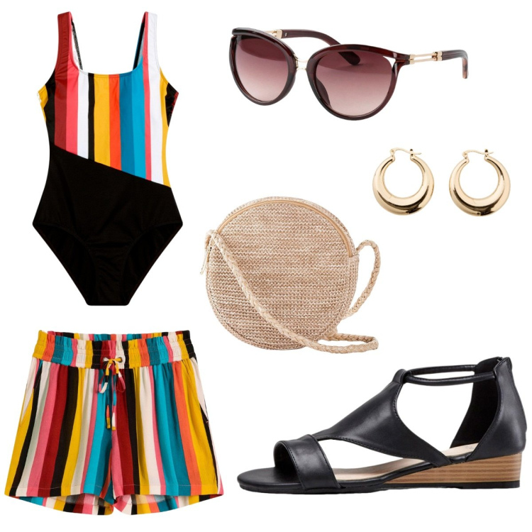 Outfit donna - Un estate a colori. Stile Casual per Mare. Abbinamento con sandali, pantaloni corti, occhiali da sole, costumi interi, orecchini, borse a tracolla.