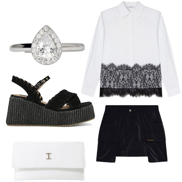 Outfit donna - Aperitivo fashion. Stile Minimal per Tutti i giorni. Abbinamento con anelli, borse a tracolla, minigonne, zeppe, camicie.