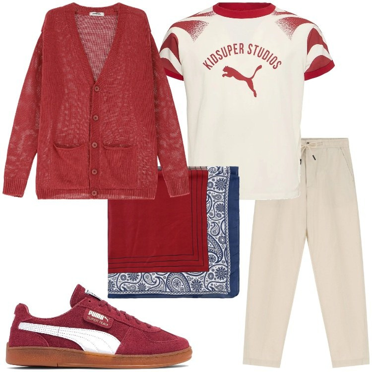 Outfit uomo - Leggero. Stile Trendy per Tutti i giorni. Abbinamento con cardigans, pantaloni chino, sciarpe e foulard, sneakers, t-shirt.