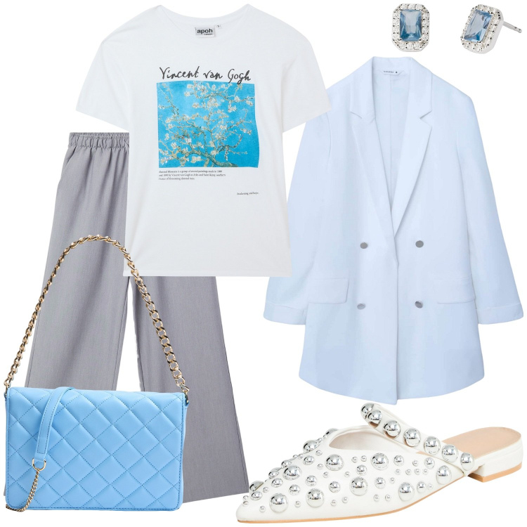 Outfit donna - Precious. Stile Casual chic per Ufficio. Abbinamento con pantaloni, blazer, ballerine, t-shirt, borse a tracolla, orecchini.