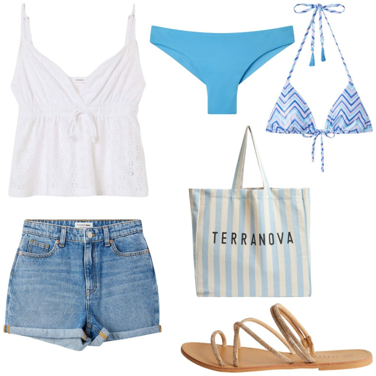 Outfit donna - Un\'estate al mare. Stile Casual per Mare. Abbinamento con shorts, bikini, canottiere, bikini, sandali, borse tote.