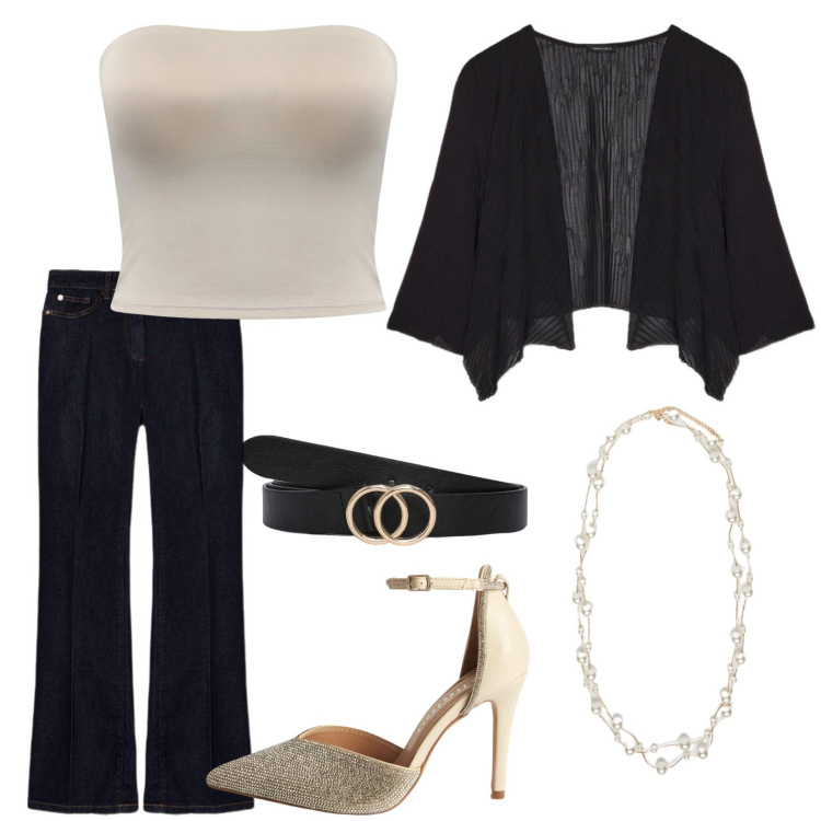 Outfit donna - Comunione. Stile Chic per Cerimonia. Abbinamento con décolleté, top, cinture, bolero, jeans, collane.