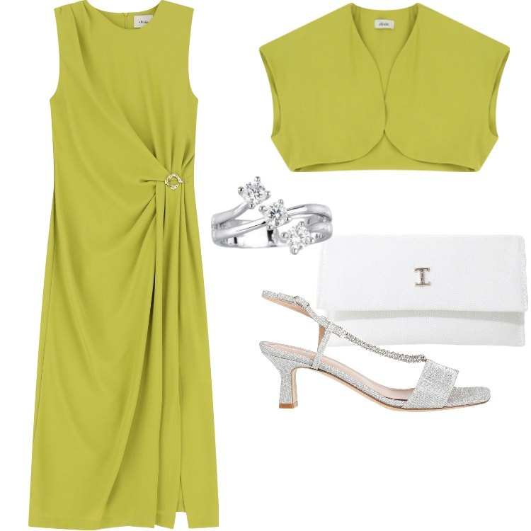 Outfit donna - Total look #2122293. Stile Chic per Cerimonia. Abbinamento con sandali in pelle, anelli, borse a tracolla, gilet, vestiti midi/longuette.