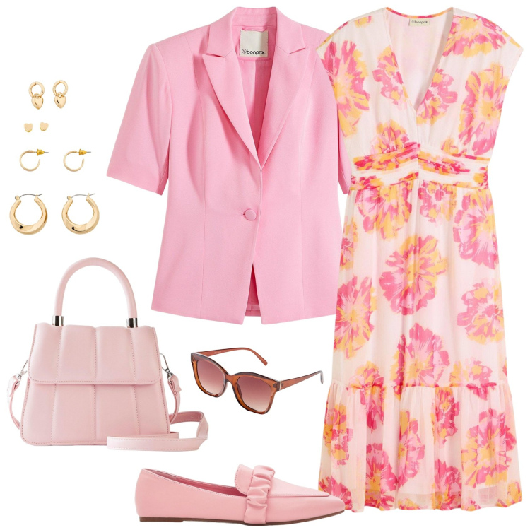 Outfit donna - Rosa con tocco di arancio!. Stile Casual chic per Tutti i giorni. Abbinamento con vestiti midi/longuette, mocassini, blazer, orecchini, occhiali da sole, borse a tracolla.
