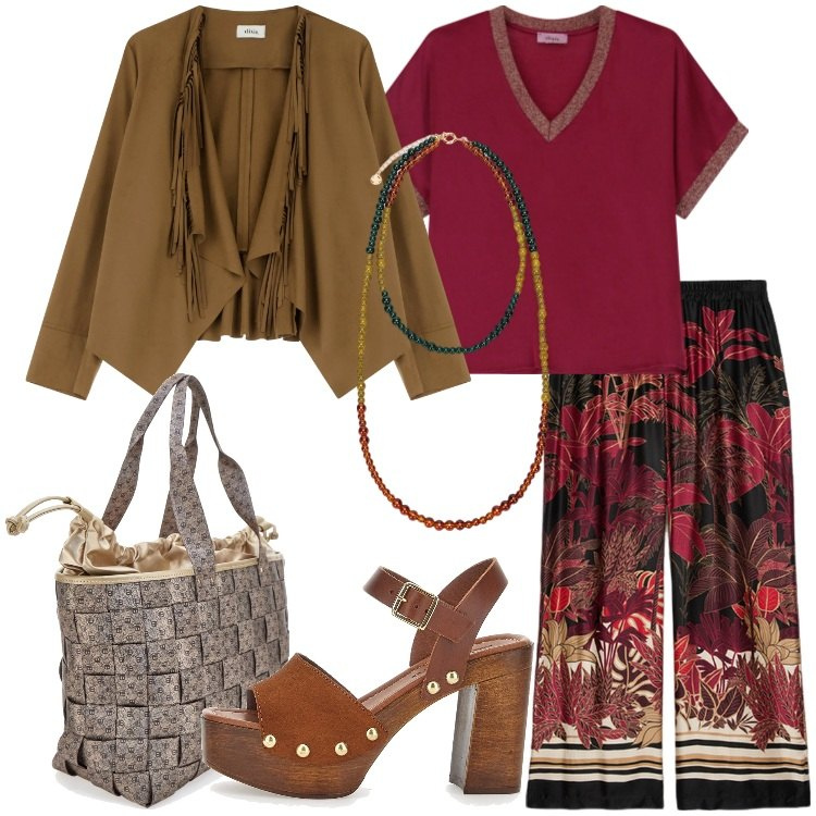 Outfit donna - Stile Etnico a maggio. Stile Etnico per Tutti i giorni. Abbinamento con blazer, maglieria, pantaloni, ciondoli, borse a spalla, zoccoli.