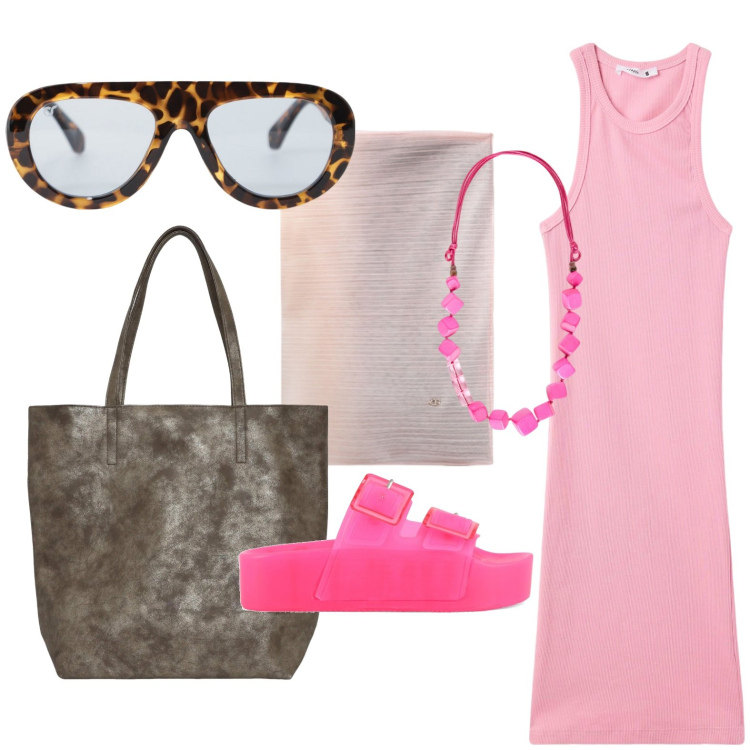 Outfit donna - Gli occhiali da sole trendissimi. Stile Casual per Tutti i giorni. Abbinamento con vestiti corti, borse tote, occhiali da sole, sandali, collane, stole.