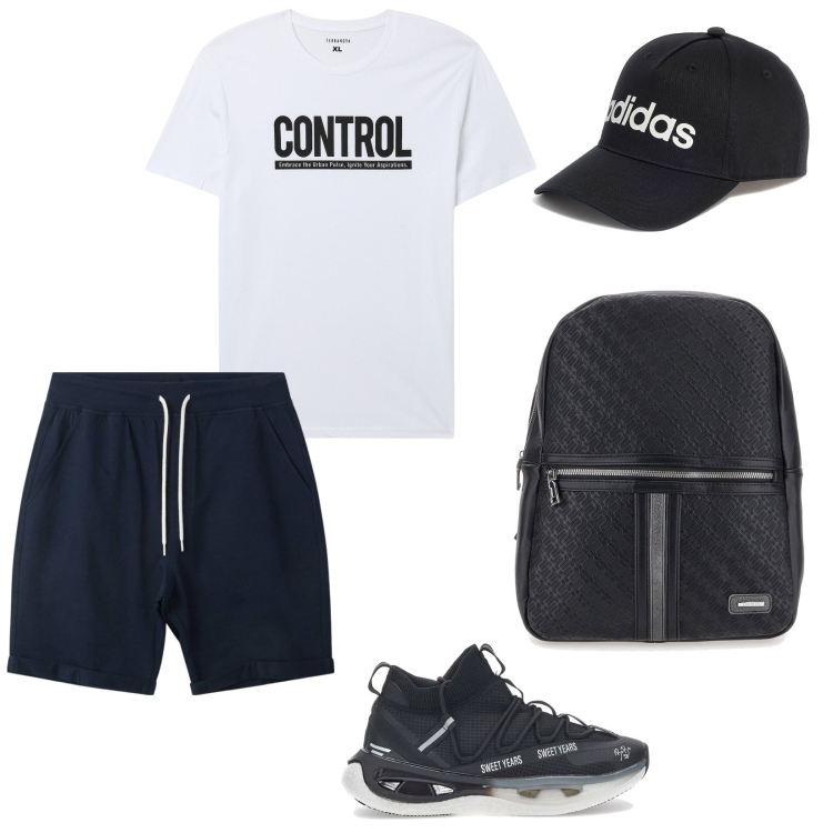 Outfit uomo - Last days @school. Stile Casual per Tutti i giorni. Abbinamento con t-shirt, pantaloni corti, borse sportive, sneakers, cappelli.