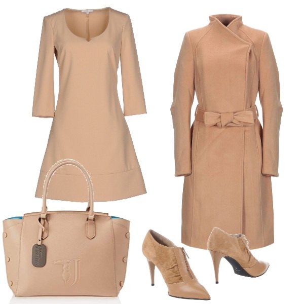 Outfit donna - Beige assoluto. Stile Bon Ton per Tutti i giorni. Abbinamento con vestito corto a trapezio collo tondo a maniche lunghe con zip interno sfoderato tinta unita, cappotto, stivaletti con zip a punta tinta unita, shopping bag beige.