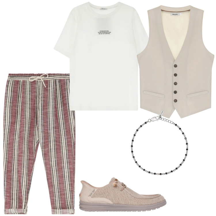 Outfit uomo - Aperitivo. Stile Trendy per Tutti i giorni. Abbinamento con braccialetti, pantaloni, t-shirt, gilet, sneakers.
