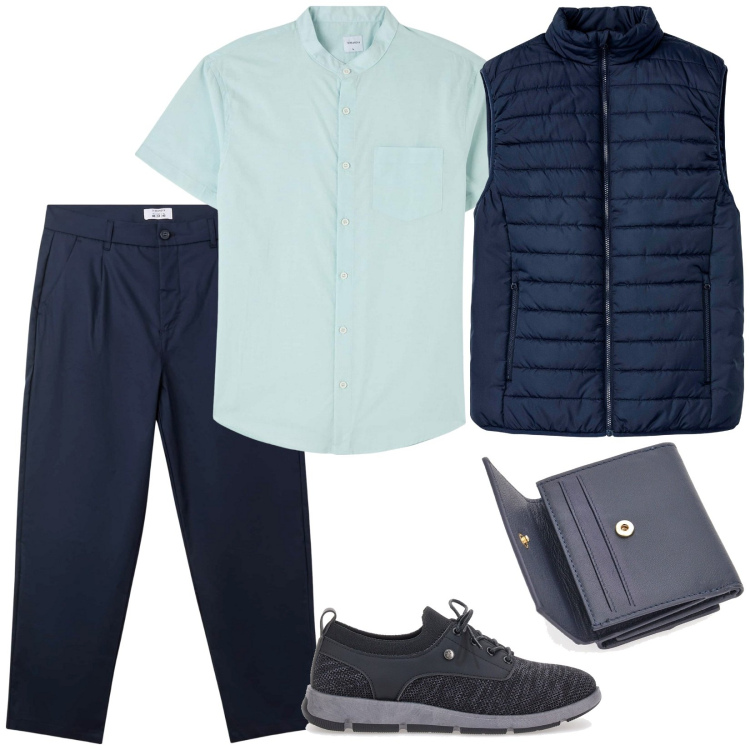 Outfit uomo - Cena informale. Stile Casual per Serata speciale. Abbinamento con gilet, camicie a manica corta, pantaloni chino, portafogli, scarpe stringate.