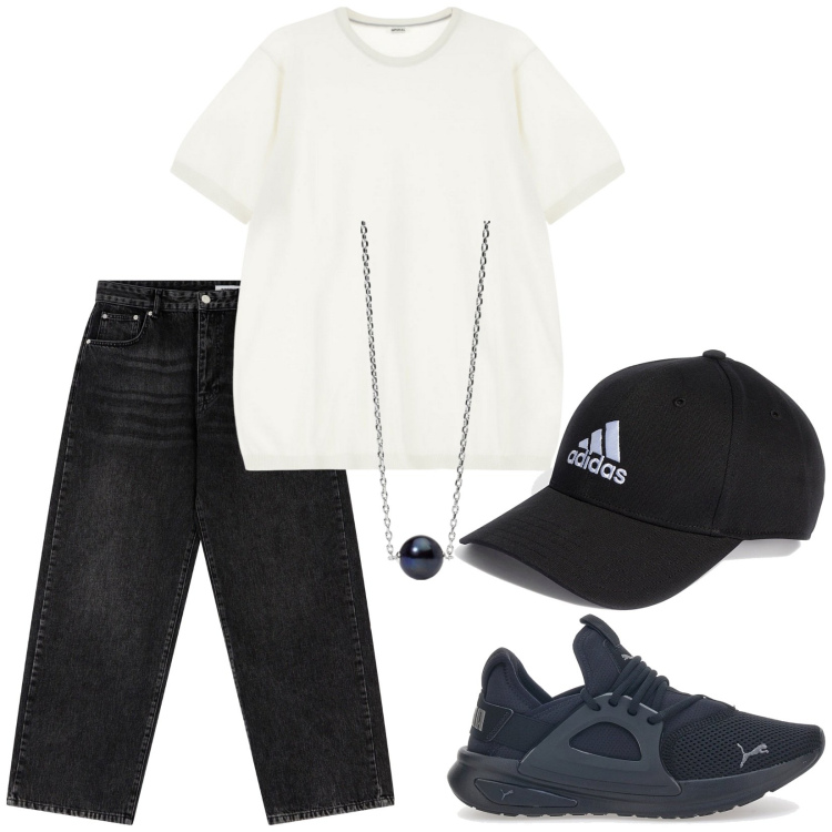 Outfit uomo - Urban. Stile Urban per Tutti i giorni. Abbinamento con collane, t-shirt, jeans dritti, sneakers, cappelli con visiera.