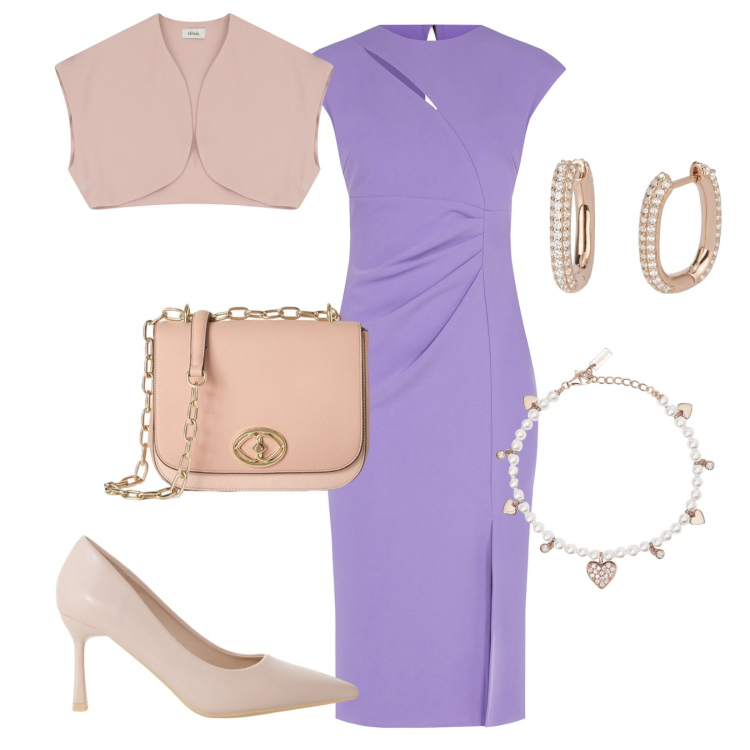 Outfit donna - Purple chic. Stile Chic per Cerimonia. Abbinamento con braccialetti, orecchini, vestiti midi/longuette, décolleté, gilet, borse a tracolla.