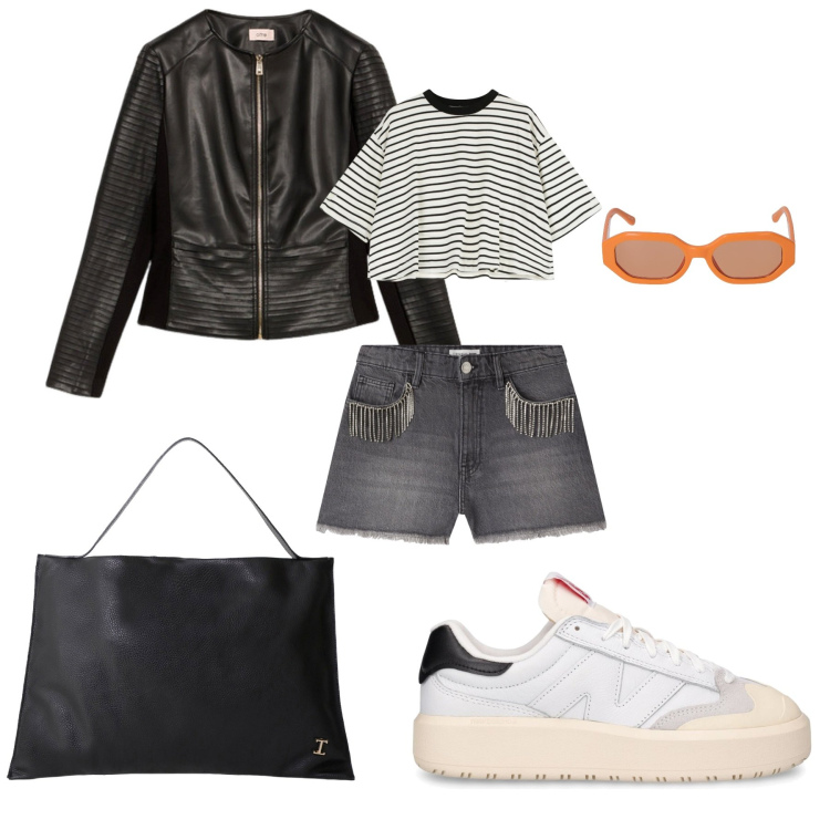 Outfit donna - Sabato pomeriggio. Stile Sporty chic per Tutti i giorni. Abbinamento con shorts, borse a spalla, t-shirt, sneakers, occhiali da sole, giacche.