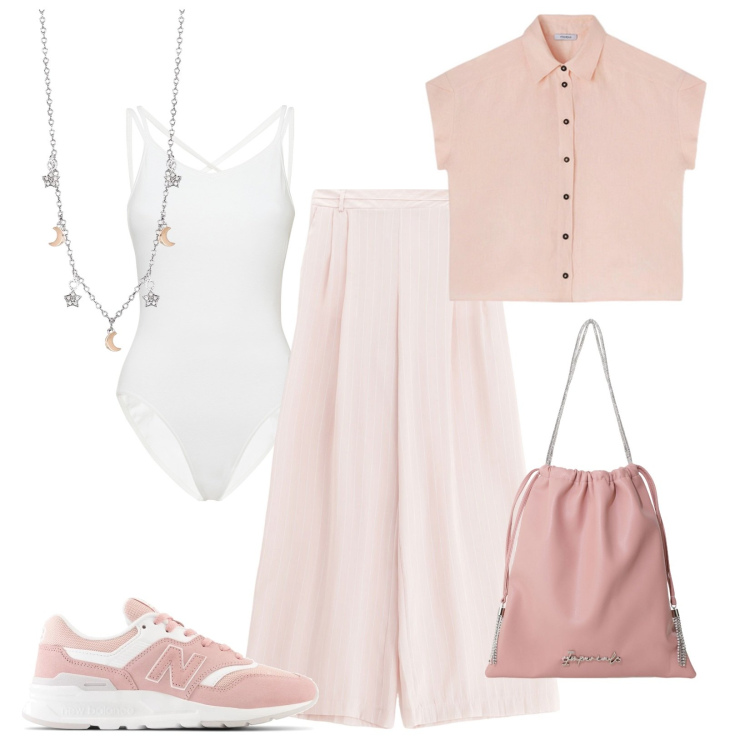 Outfit donna - Sfumature cipria. Stile Sporty chic per Tutti i giorni. Abbinamento con collane, sneakers, pantaloni a palazzo, borse a secchiello, body, camicie a manica corta.