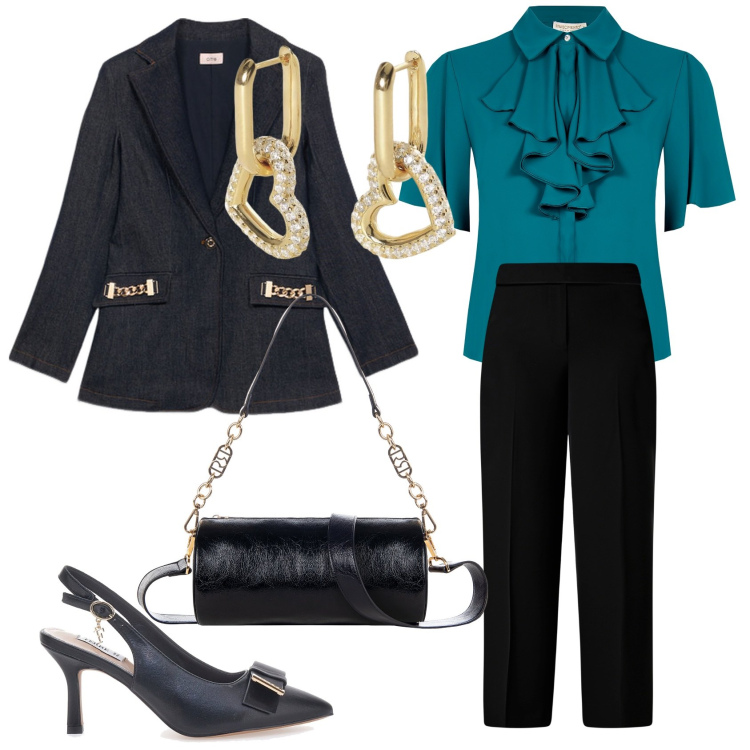 Outfit donna - Eleganza Curvy. Stile Chic per Serata fuori. Abbinamento con orecchini, bluse, pantaloni a palazzo, borse a mano, décolleté, blazer.