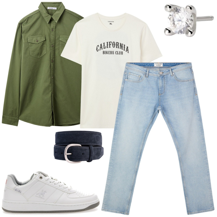Outfit uomo - Smart layering. Stile Casual per Tutti i giorni. Abbinamento con jeans, camicie, t-shirt, orecchini, sneakers, cinture.