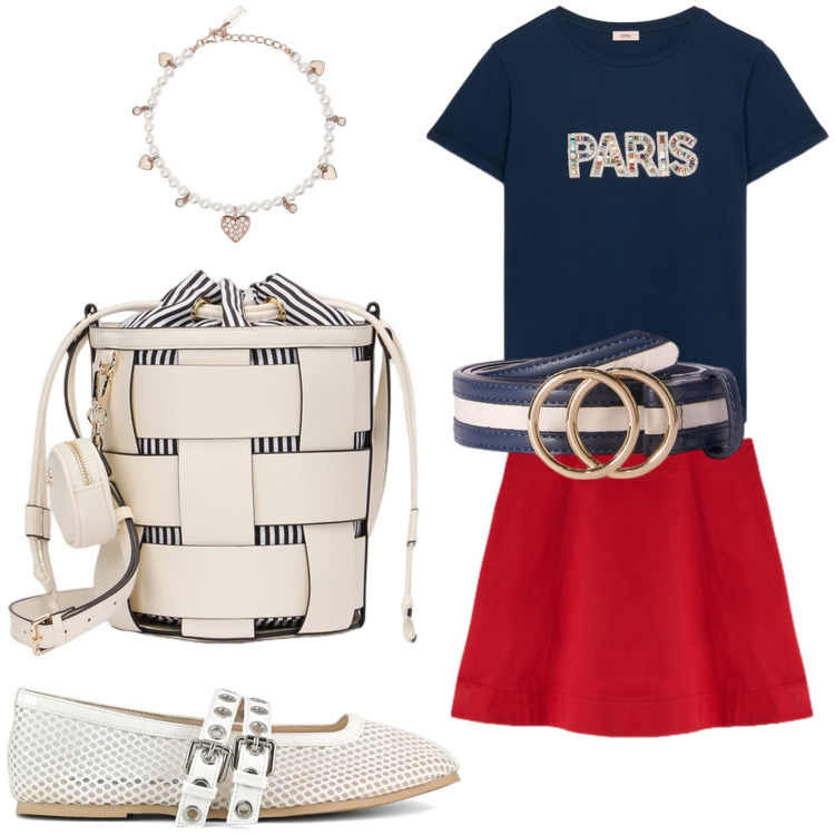 Outfit donna - Una t-shirt per amica. Stile Minimal per Tutti i giorni. Abbinamento con braccialetti, ballerine, borse a secchiello, t-shirt, minigonne, cinture.