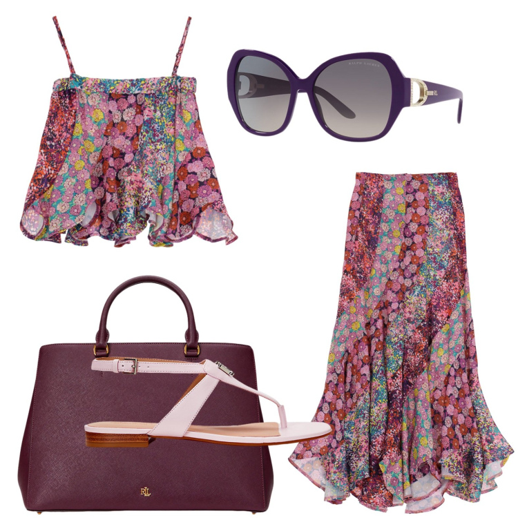 Outfit donna - Gli occhiali da sole trendissimi. Stile Etnico per Tutti i giorni. Abbinamento con gonne lunghe, canottiere, borse a mano, occhiali da sole, sandali in pelle.