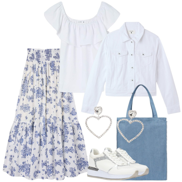 Outfit donna - La gonna a fiori. Stile Romantica per Tutti i giorni. Abbinamento con bluse, borse tote, gonne lunghe, blazer, orecchini, sneakers.