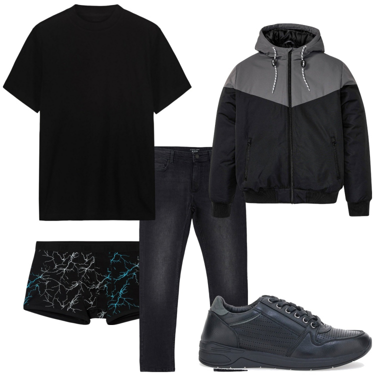 Outfit uomo - Total look #2122355. Stile Casual per Tutti i giorni. Abbinamento con giacche, jeans skinny, boxer, t-shirt, sneakers.