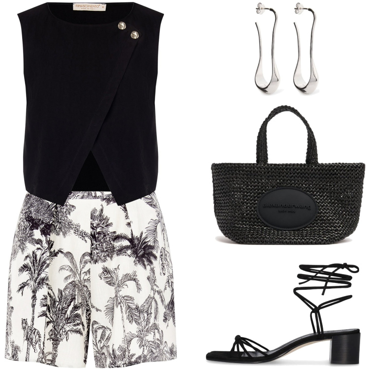 Outfit donna - Bermuda per aperitivo in spiaggia. Stile Casual chic per Serata fuori. Abbinamento con shorts, top, orecchini, shopping bag, sandali in pelle.