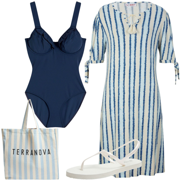 Outfit donna - Pronta per la spiaggia. Stile Basic per Mare. Abbinamento con vestiti, costumi interi, sandali, borse tote.