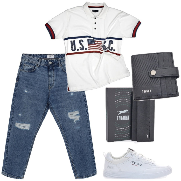 Outfit uomo - Total look #2122367. Stile Casual per Tutti i giorni. Abbinamento con jeans strappati, polo, sneakers, portachiavi, portafogli.