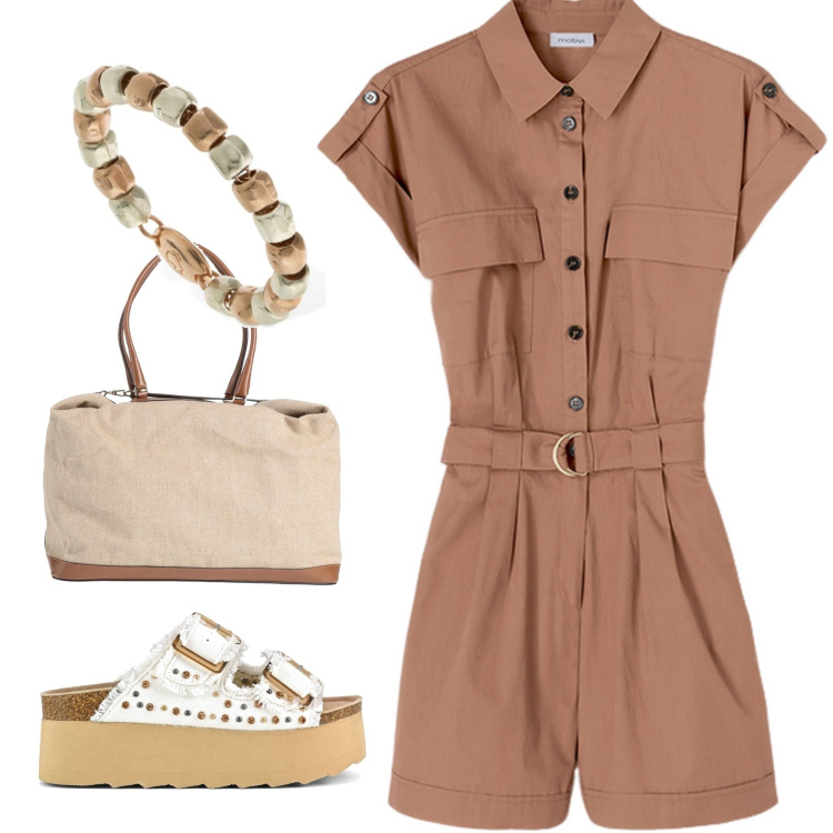 Outfit donna - Total look #2122369. Stile Casual per Tutti i giorni. Abbinamento con borse a mano, sandali, anelli, tuta corta.