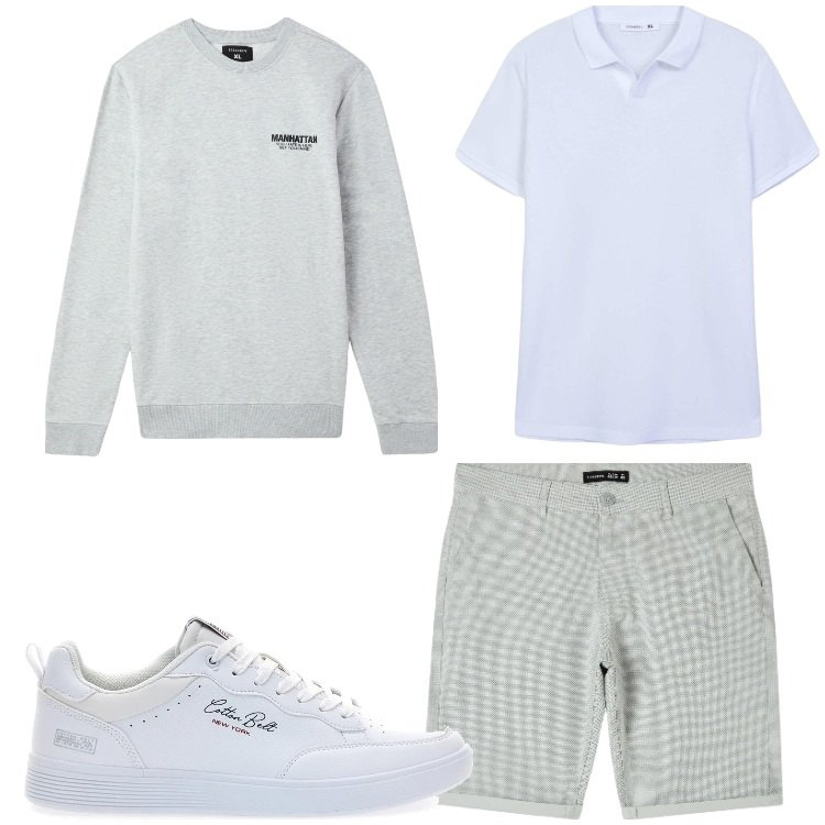 Outfit uomo - All´aria aperta. Stile Casual per Tutti i giorni. Abbinamento con shorts, felpe, polo, sneakers.