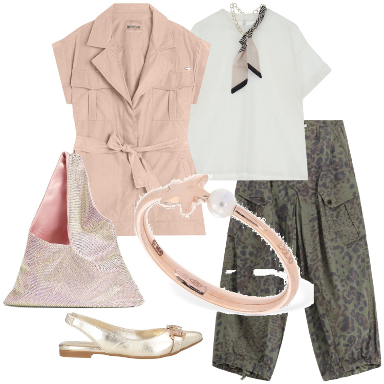 Outfit donna - Total look #2122384. Stile Casual per Tutti i giorni. Abbinamento con ballerine, pantaloni cargo, t-shirt, trench, anelli, borse a spalla.
