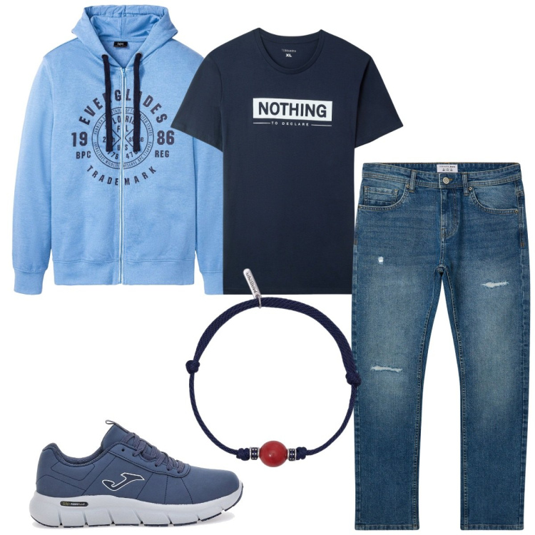 Outfit uomo - Total look #2122391. Stile Casual per Tutti i giorni. Abbinamento con felpe con cappuccio, jeans strappati, t-shirt, braccialetti, sneakers.