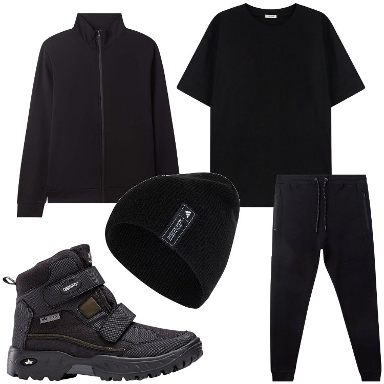 Outfit uomo - Un pomeriggio in alta quota. Stile Casual per Sport. Abbinamento con stivali e stivaletti, felpe sportive, pantaloni sportivi, t-shirt, berretti.
