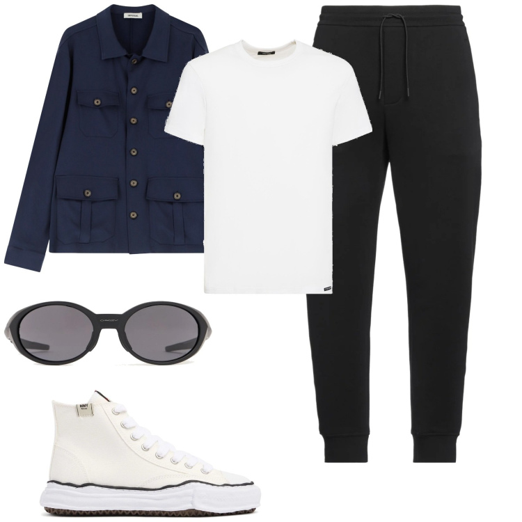 Outfit uomo - Smart layering di mezza stagione. Stile Urban per Tutti i giorni. Abbinamento con pantaloni, camicie, t-shirt, sneakers alte, occhiali da sole.