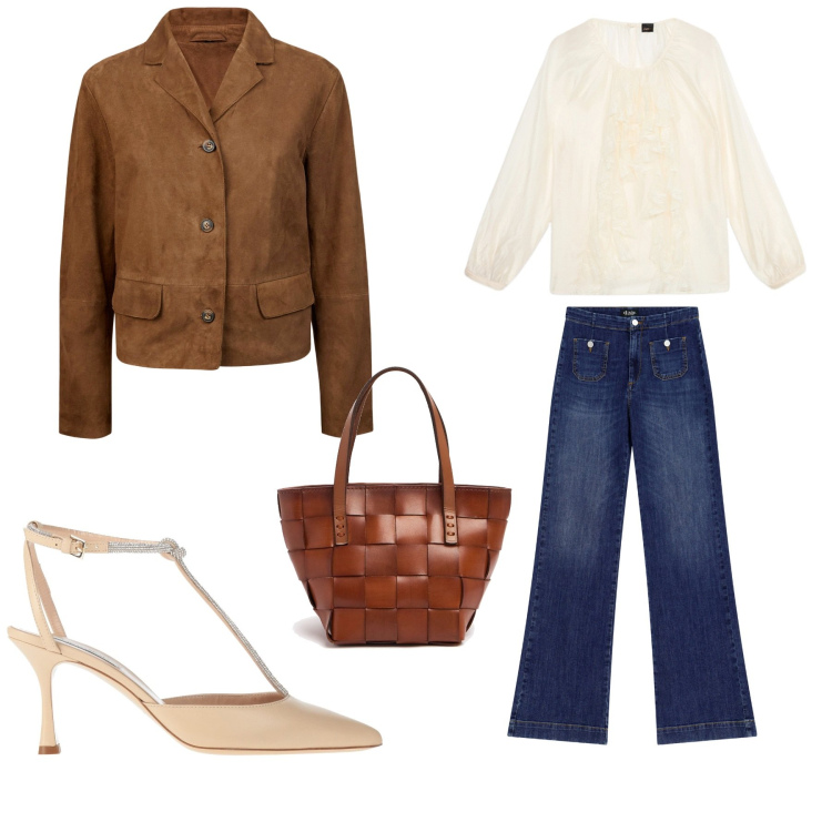 Outfit donna - Appuntamenti in ufficio. Stile Casual chic per Tutti i giorni. Abbinamento con décolleté, jeans a zampa, bluse, blazer, borse a mano.