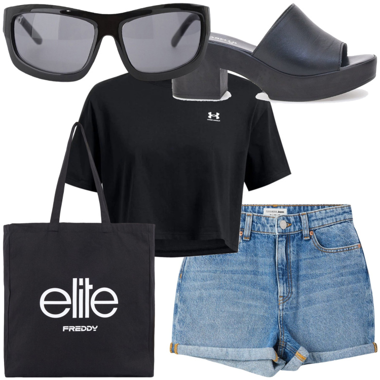 Outfit donna - Primavera inoltrata. Stile Casual chic per Tutti i giorni. Abbinamento con shorts, occhiali da sole, shopping bag, t-shirt, zoccoli.