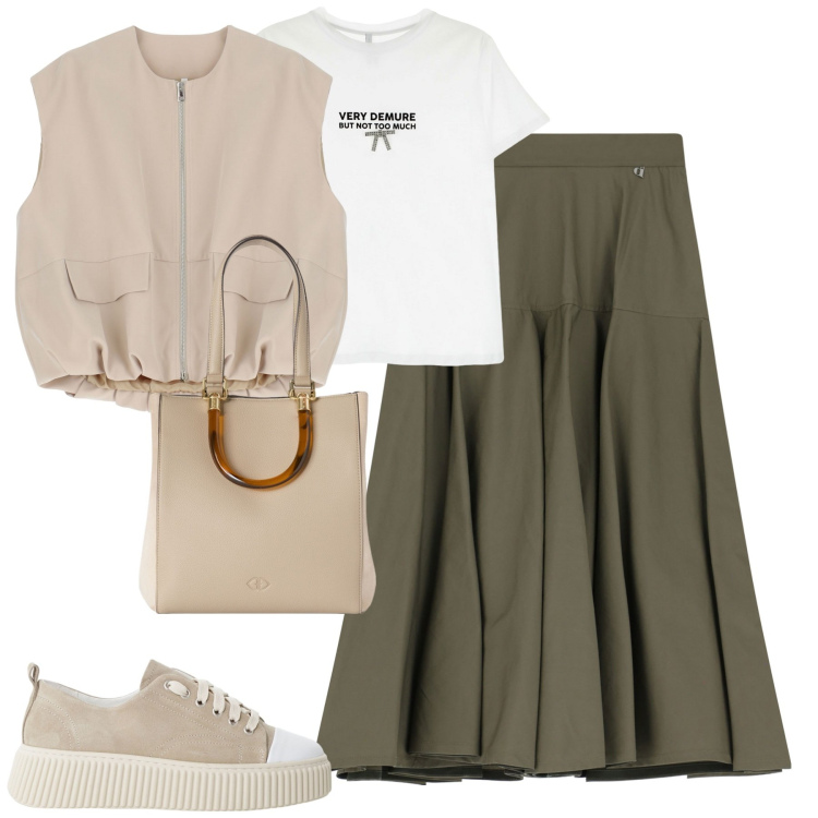 Outfit donna - City. Stile Casual chic per Tutti i giorni. Abbinamento con sneakers, t-shirt, blazer, gonne lunghe, shopping bag.