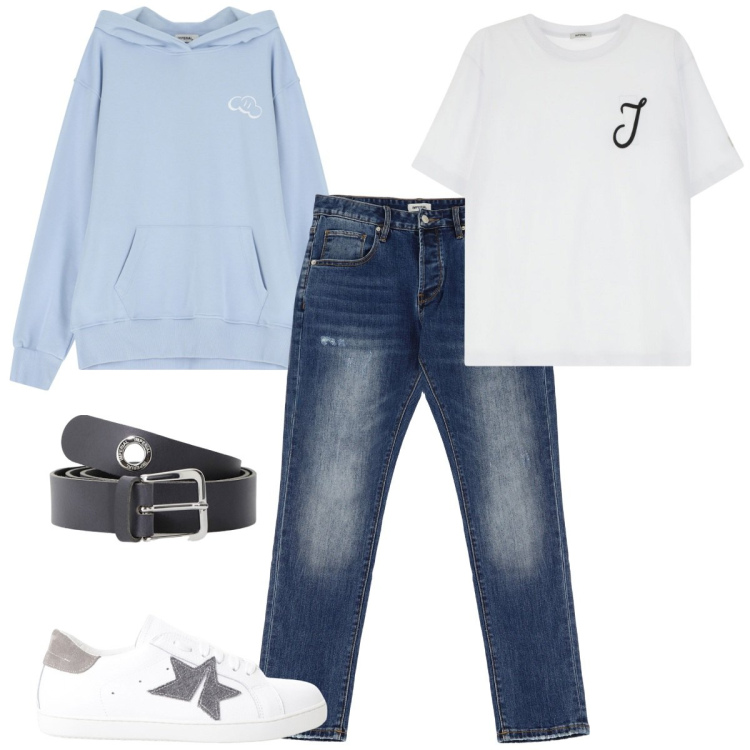 Outfit uomo - Total look #2122408. Stile Casual per Tutti i giorni. Abbinamento con cinture, sneakers, t-shirt, jeans dritti, felpe con cappuccio.