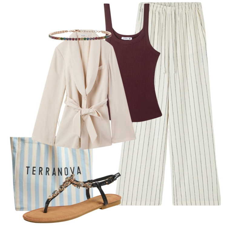 Outfit donna - Vacanze. Stile Casual chic per Tutti i giorni. Abbinamento con pantaloni, blazer, canottiere, sandali gioiello, borse tote, braccialetti.