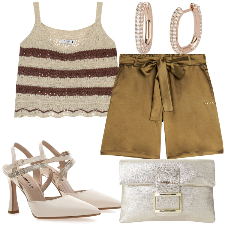 Outfit donna - Shorts bon ton. Stile Glamour per Serata fuori. Abbinamento con orecchini, top, pochette, bermuda, décolleté.