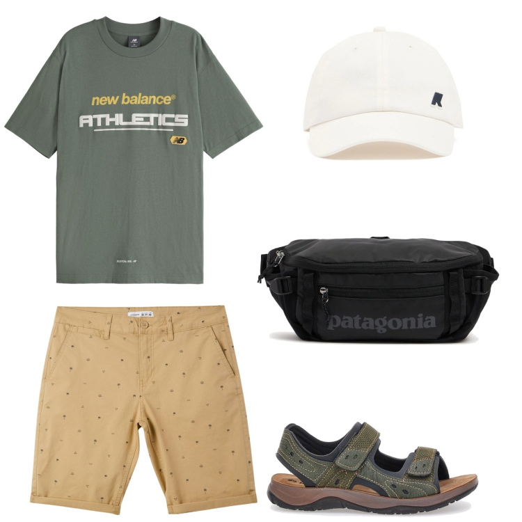 Outfit uomo - Safari urbano. Stile Urban per Tutti i giorni. Abbinamento con pantaloni corti, t-shirt, sandali, borse sportive, cappelli.