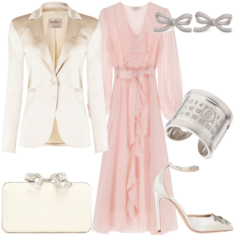 Outfit donna - Un po’ di romanticismo sempre ok. Stile Romantica per Cerimonia. Abbinamento con décolleté, vestiti lunghi, blazer, anelli, pochette, orecchini.