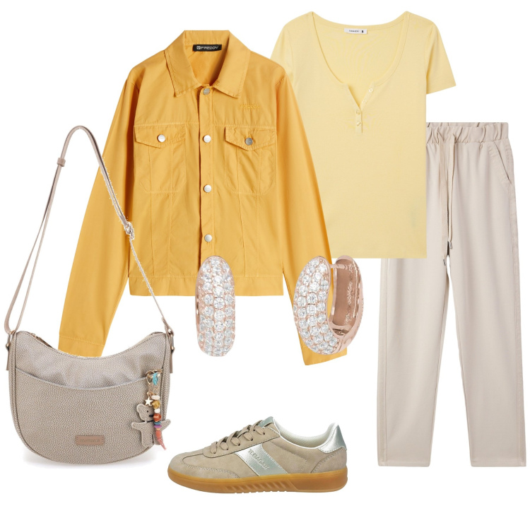 Outfit donna - Total look #2122428. Stile Casual per Tutti i giorni. Abbinamento con pantaloni skinny, t-shirt, orecchini, blazer, sneakers, borse a tracolla.